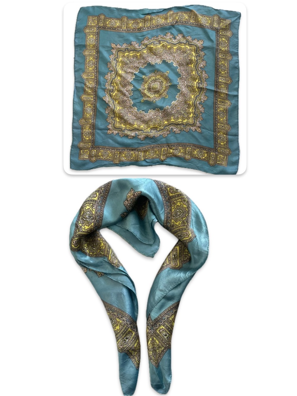 Vintage Teal & Gold Paisley Silk-Blend Square Scarf